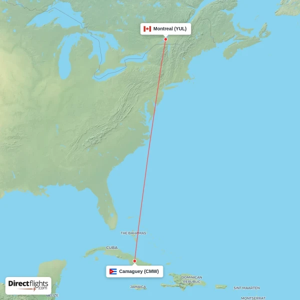 Camaguey - Montreal direct flight map