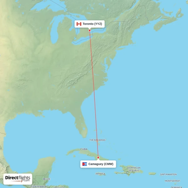 Camaguey - Toronto direct flight map