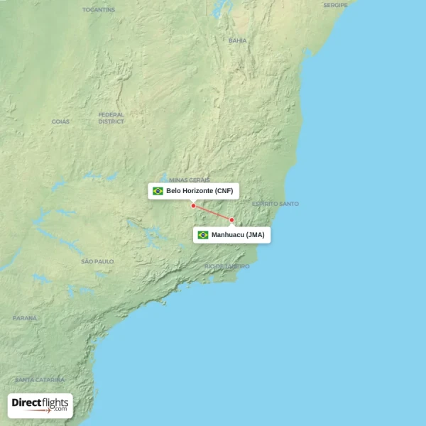 Belo Horizonte - Manhuacu direct flight map