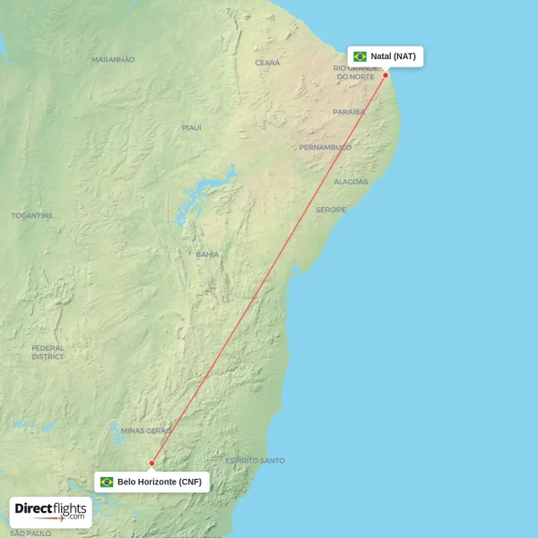 Belo Horizonte - Natal direct flight map