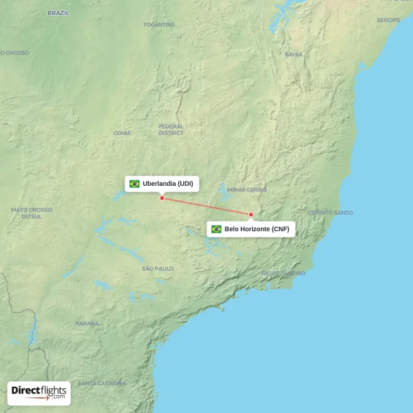 Belo Horizonte - Uberlandia direct flight map
