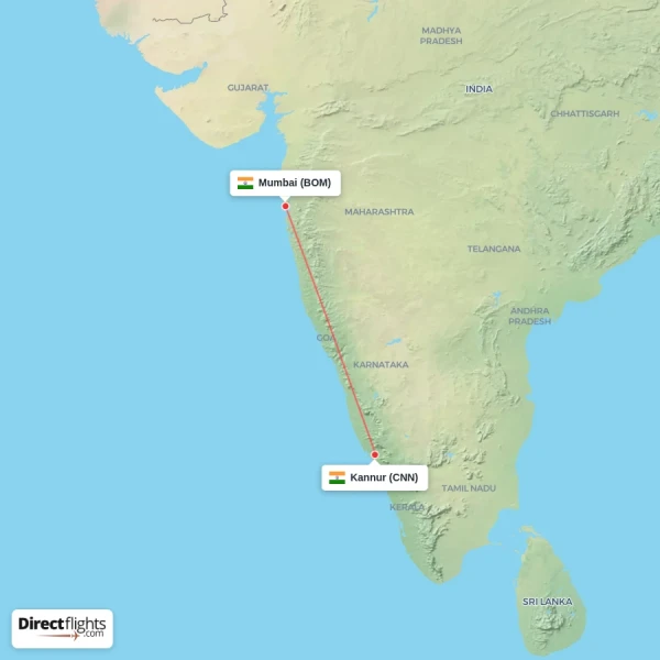 Kannur - Mumbai direct flight map