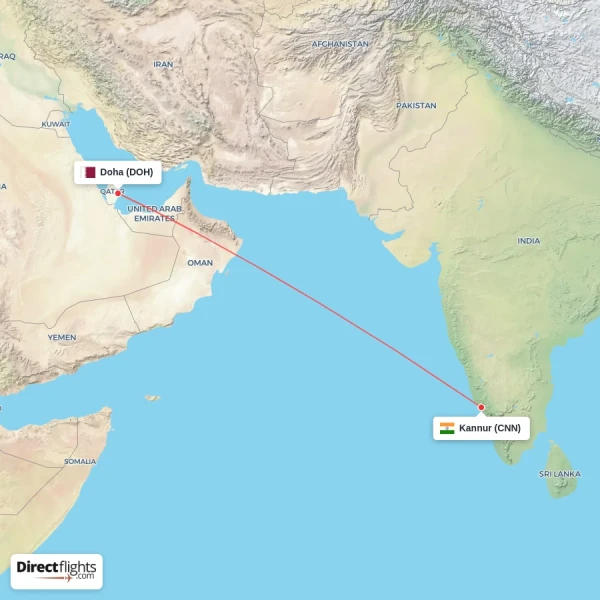 Kannur - Doha direct flight map