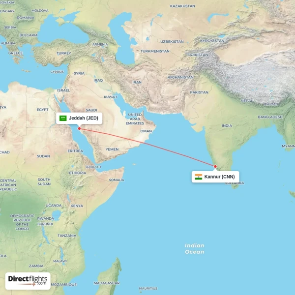 Kannur - Jeddah direct flight map