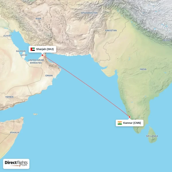 Kannur - Sharjah direct flight map