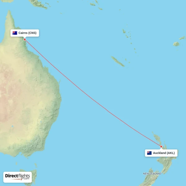 Cairns - Auckland direct flight map