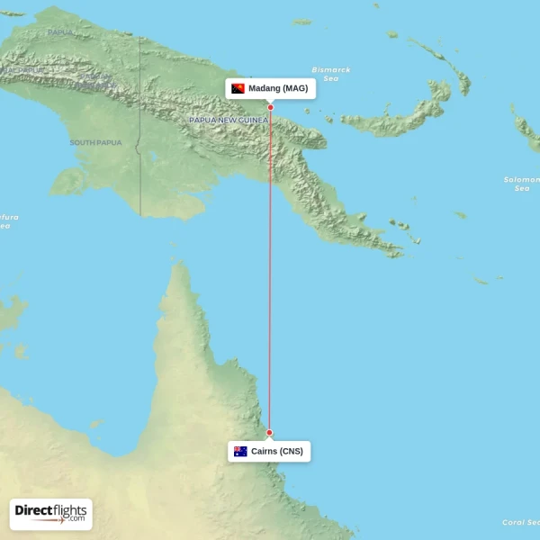 Cairns - Madang direct flight map