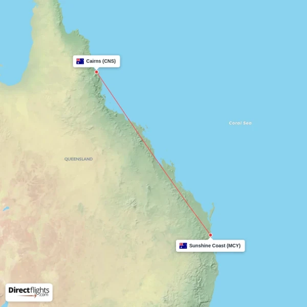 Cairns - Sunshine Coast direct flight map