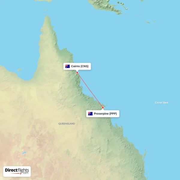 Cairns - Proserpine direct flight map