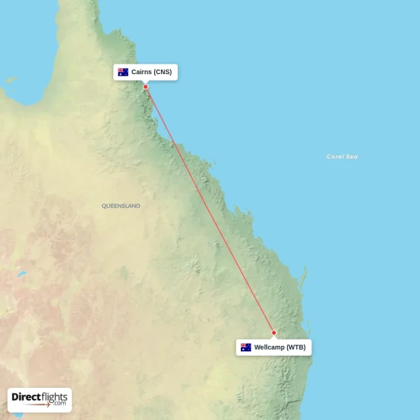 Cairns - Wellcamp direct flight map