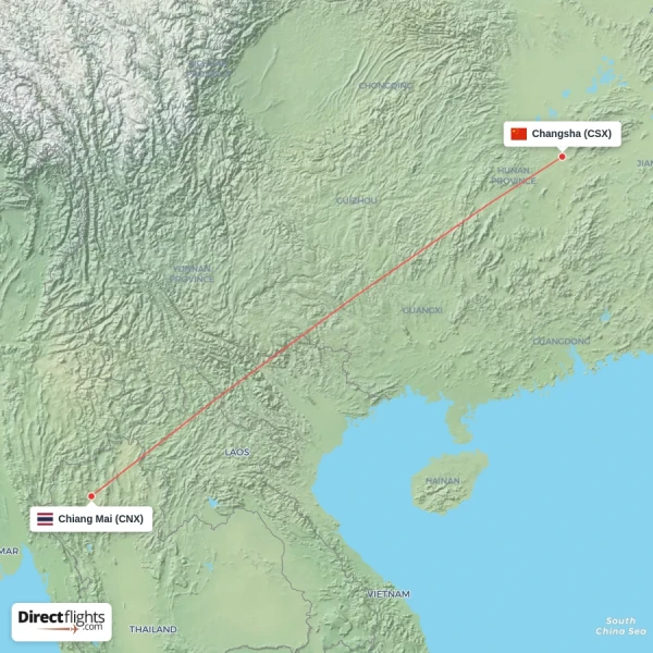 Chiang Mai - Changsha direct flight map