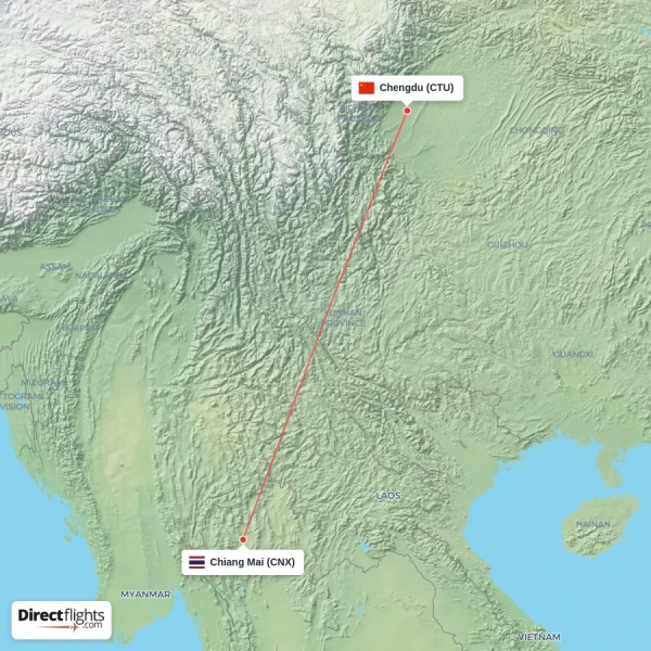 Chiang Mai - Chengdu direct flight map