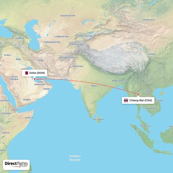 Chiang Mai - Doha direct flight map