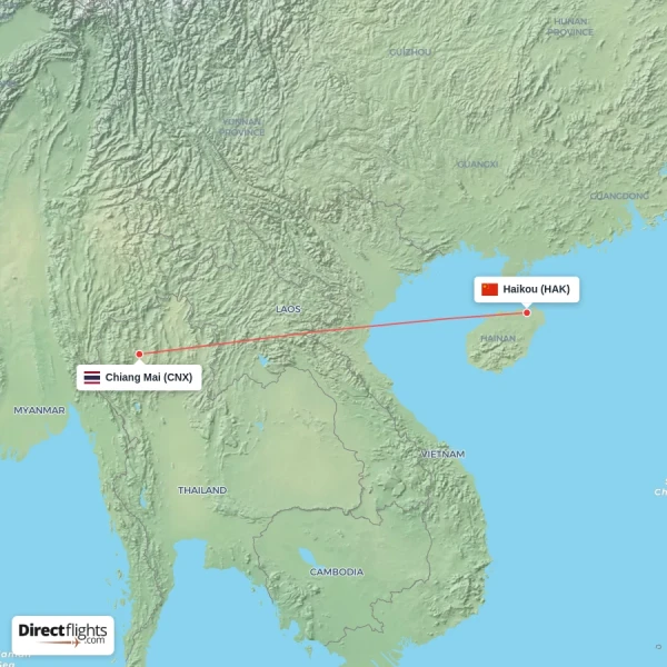 Chiang Mai - Haikou direct flight map