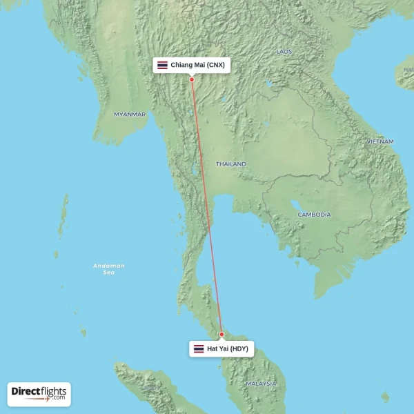 Chiang Mai - Hat Yai direct flight map