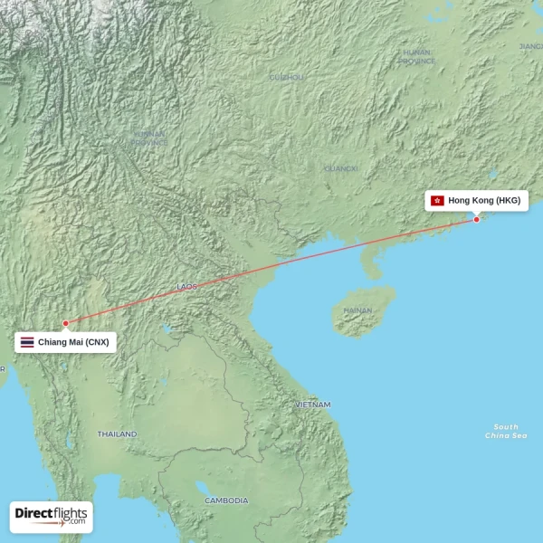 Chiang Mai - Hong Kong direct flight map