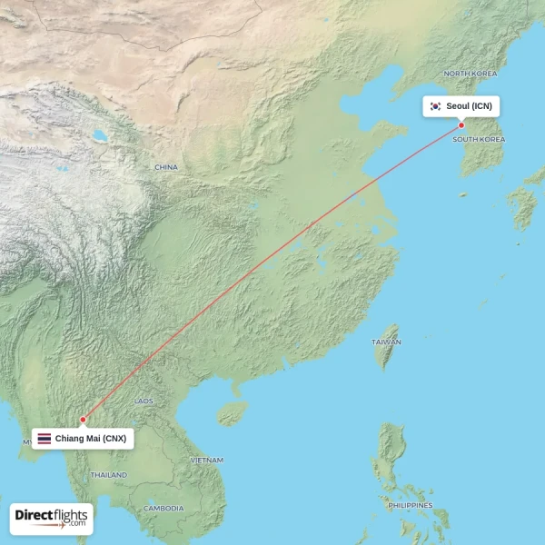 Chiang Mai - Seoul direct flight map