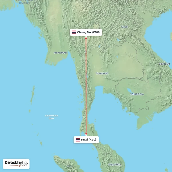 Chiang Mai - Krabi direct flight map