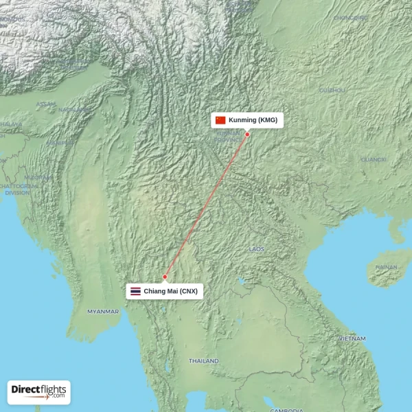 Chiang Mai - Kunming direct flight map