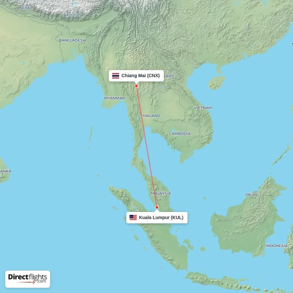 Chiang Mai - Kuala Lumpur direct flight map