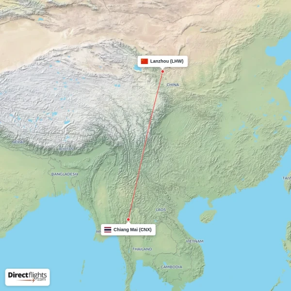 Chiang Mai - Lanzhou direct flight map