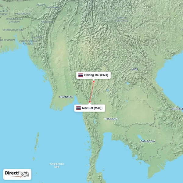 Chiang Mai - Mae Sot direct flight map