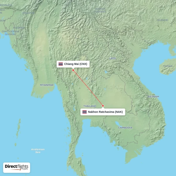 Chiang Mai - Nakhon Ratchasima direct flight map