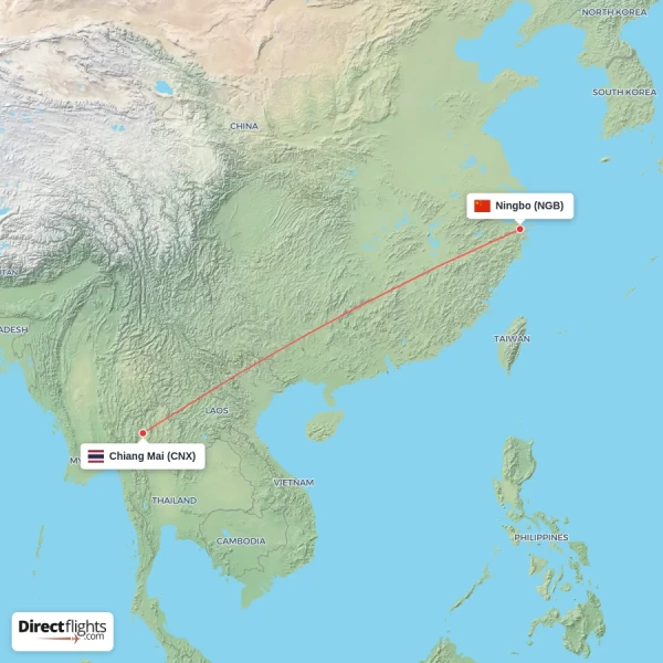 Chiang Mai - Ningbo direct flight map