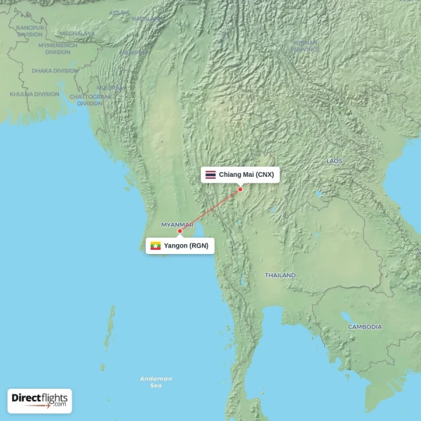 Chiang Mai - Yangon direct flight map