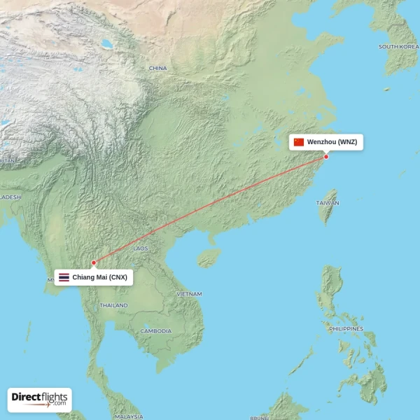 Chiang Mai - Wenzhou direct flight map