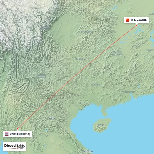 Chiang Mai - Wuhan direct flight map
