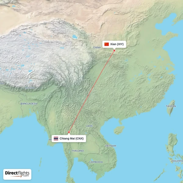 Chiang Mai - Xian direct flight map