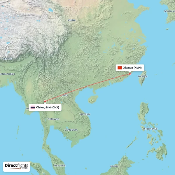 Chiang Mai - Xiamen direct flight map