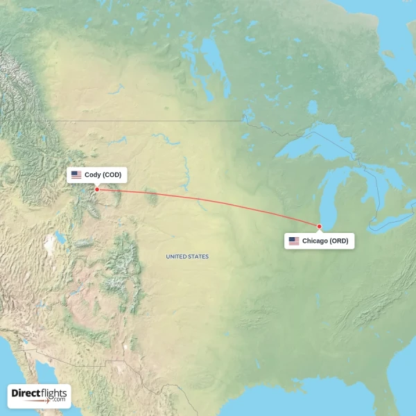 Cody - Chicago direct flight map