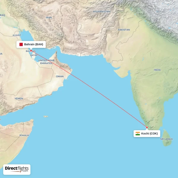 Kochi - Bahrain direct flight map