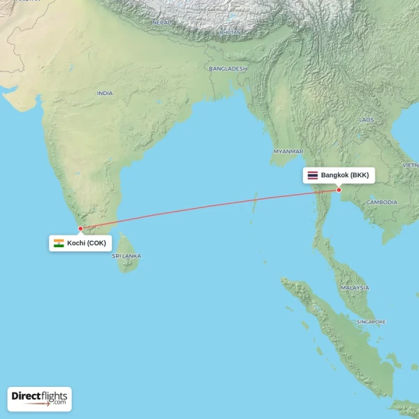 Kochi - Bangkok direct flight map