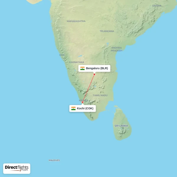 Kochi - Bengaluru direct flight map