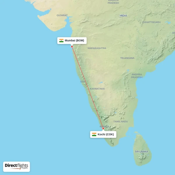 Kochi - Mumbai direct flight map