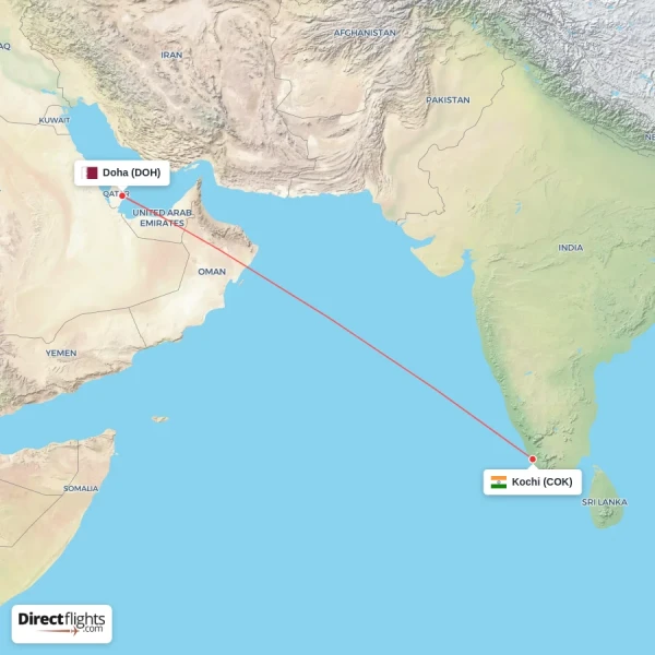 Kochi - Doha direct flight map