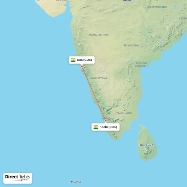 Kochi - Goa direct flight map