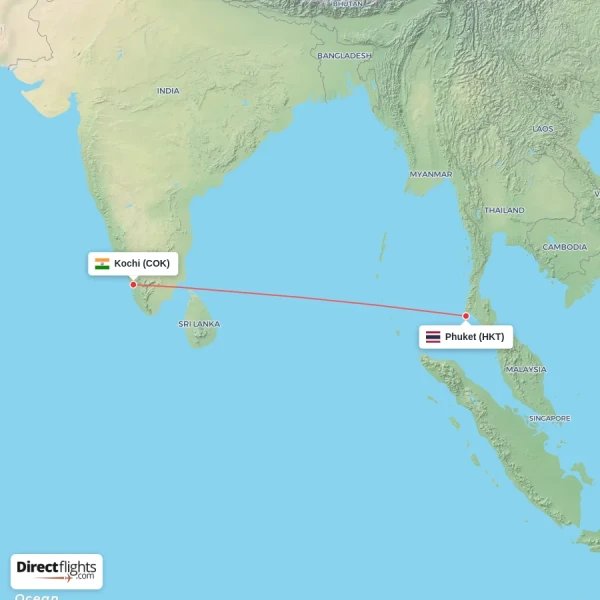 Kochi - Phuket direct flight map