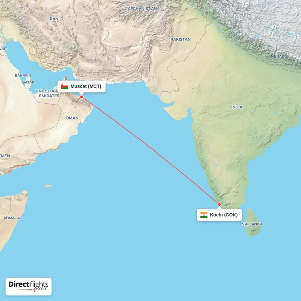 Kochi - Muscat direct flight map