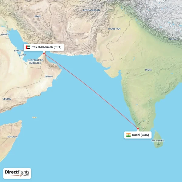 Kochi - Ras al-Khaimah direct flight map