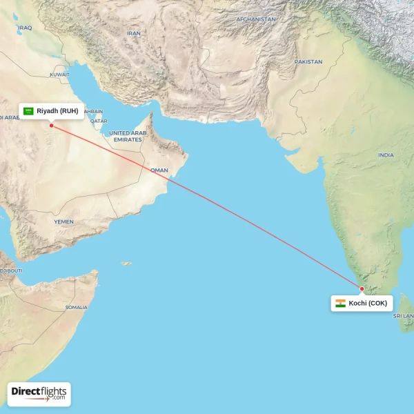 Kochi - Riyadh direct flight map