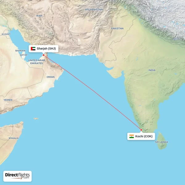 Kochi - Sharjah direct flight map