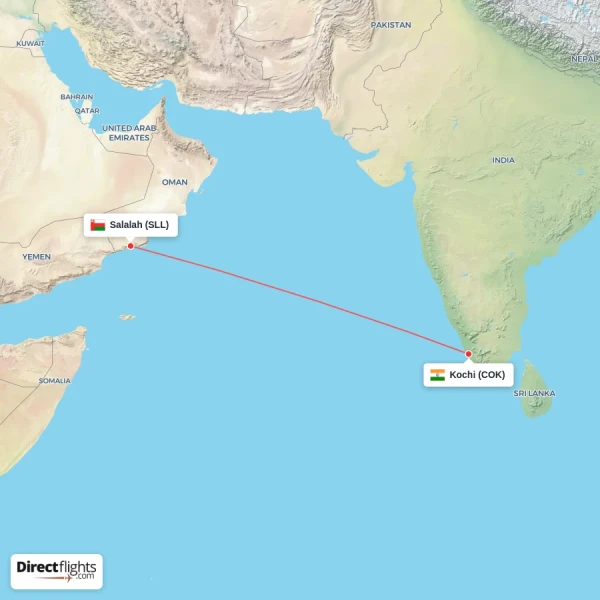 Kochi - Salalah direct flight map