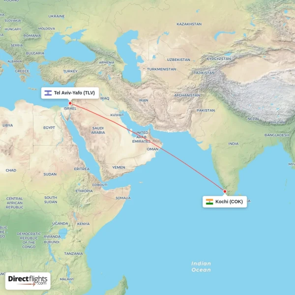 Kochi - Tel Aviv-Yafo direct flight map