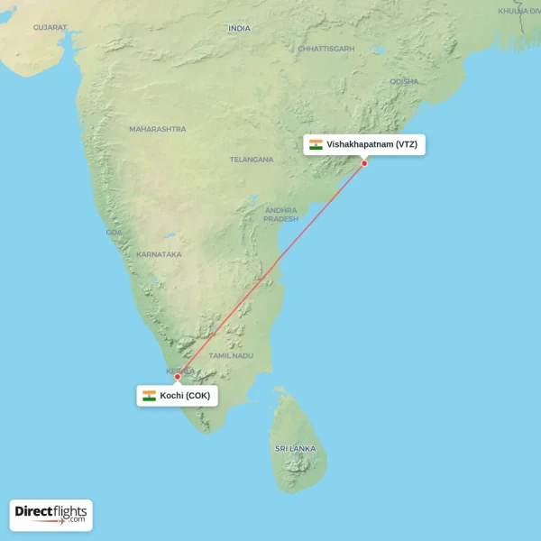 Kochi - Vishakhapatnam direct flight map