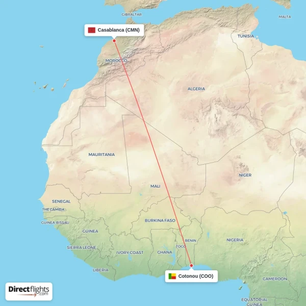 Cotonou - Casablanca direct flight map