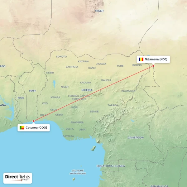 Cotonou - Ndjamena direct flight map